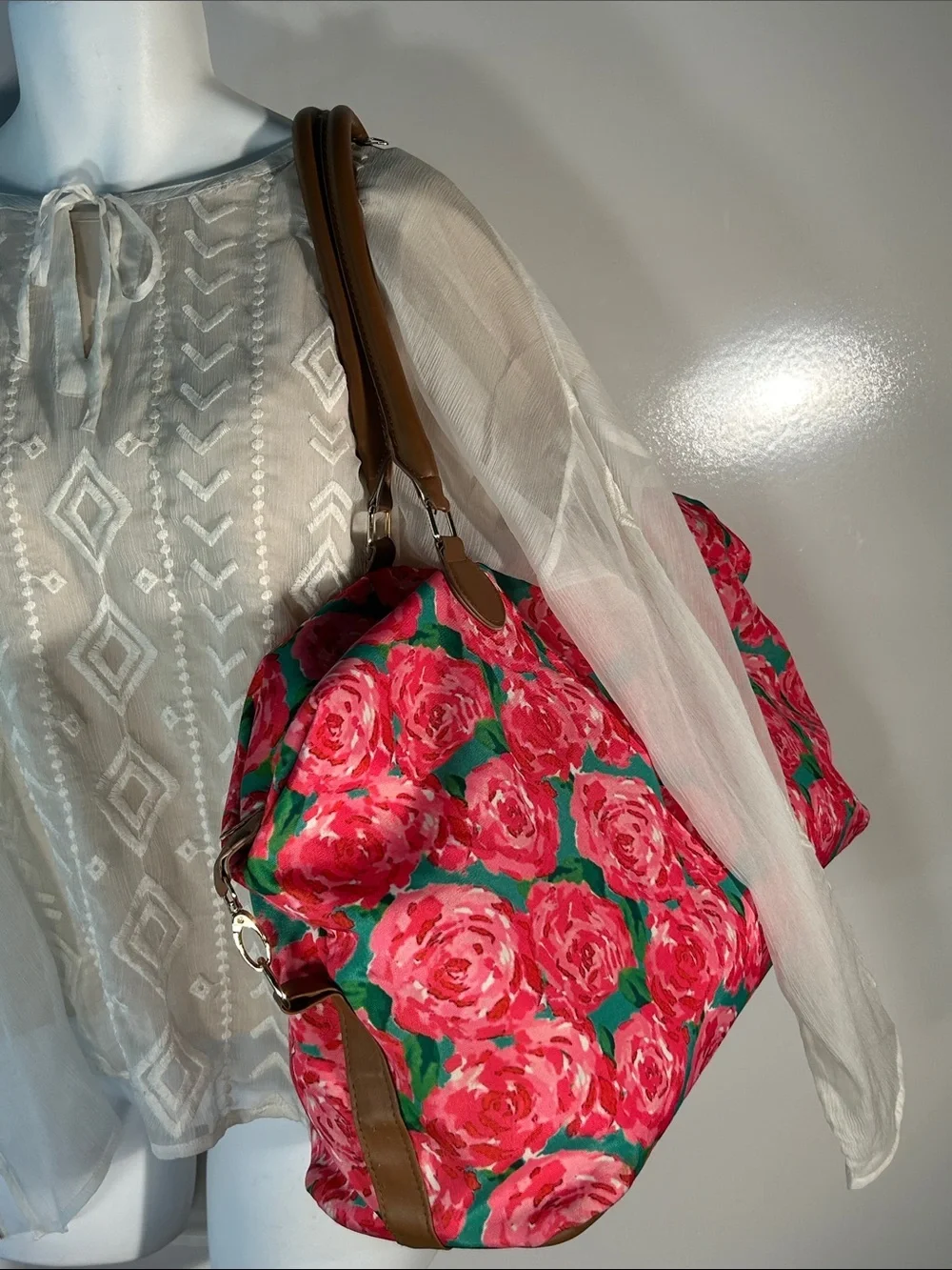 Tote Bag Pink Rose Print Overnighter Carry On Travel Vacation Resort Coquette